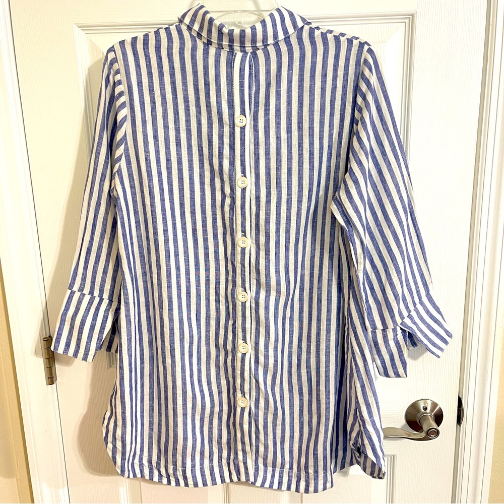 Boho Chic Blue and White Button Down 100% Linen Top size M - Picture 3 of 11